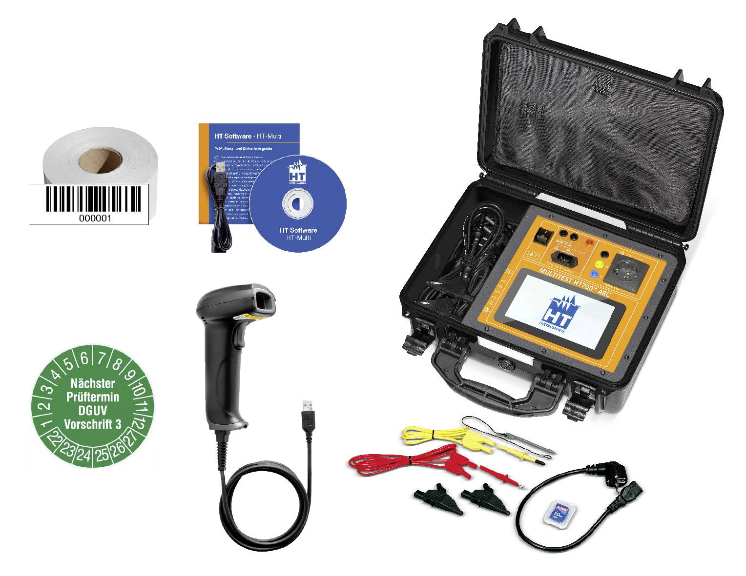 Tragbarer elektrischer Sicherheitstester in offenem Koffer, mit CD, Barcode-Scanner, Prüfprotokoll-Aufkleber, Prüfzubehör und Kabel.