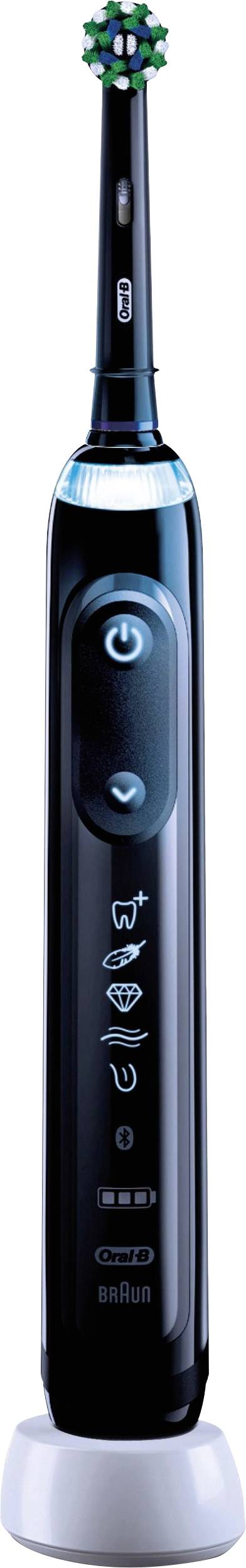 Elektrische Zahnbürste mit schwarzem Griff und abgerundetem Kopf, auf einem Ladegerät stehend.