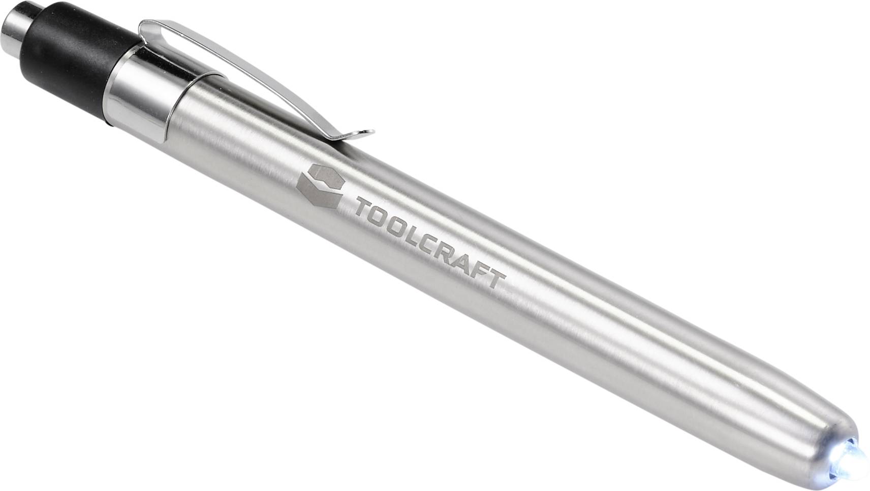 Metallischer Stift mit dem Schriftzug 'TOOLCRAFT' auf der Seite. Der Stift hat einen Clip und einen schwarzen Knopf an einem Ende.
