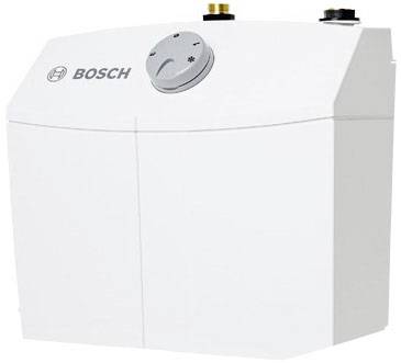 Weißer Bosch Warmwasserspeicher mit Thermostat auf der Vorderseite, ausgelegt für die Installation in Innenräumen.