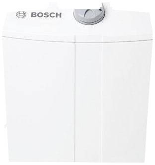 Ein weißes Bosch-Warmwassergerät mit Drehregler oben, markentypisches Logo auf der linken Seite.