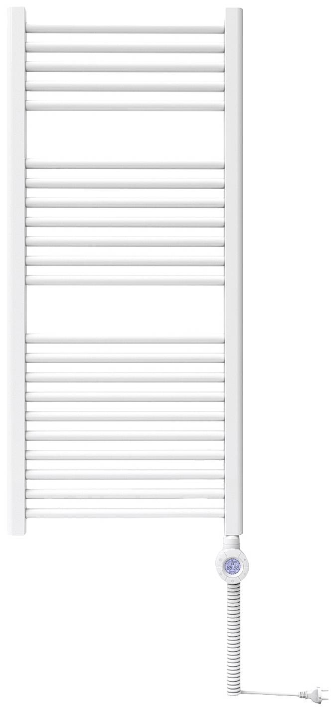 Weiße, vertikale, elektrische Handtuchheizung mit mehreren horizontalen Stangen; Thermostatsteuerung am unteren Rand.