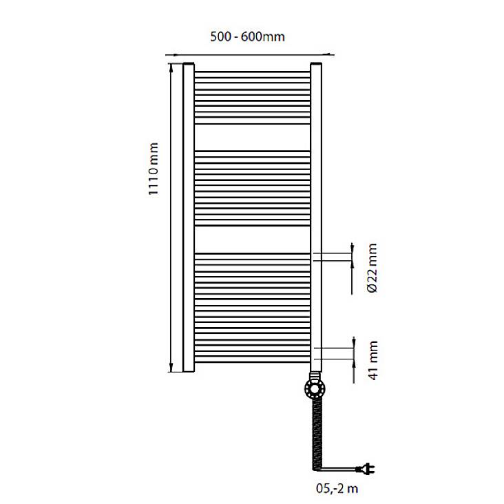 Technische Zeichnung eines Heizkörpers mit den Maßen: Höhe 1110 mm, Breite 500-600 mm, Rohrdurchmesser 22 mm, Wandabstand 52 mm.