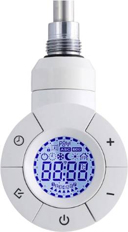 Digitales Thermostat mit rundem Display, zeigt Temperatur und Symbole für Betriebsmodi. Tasten für Einstellung und Power.