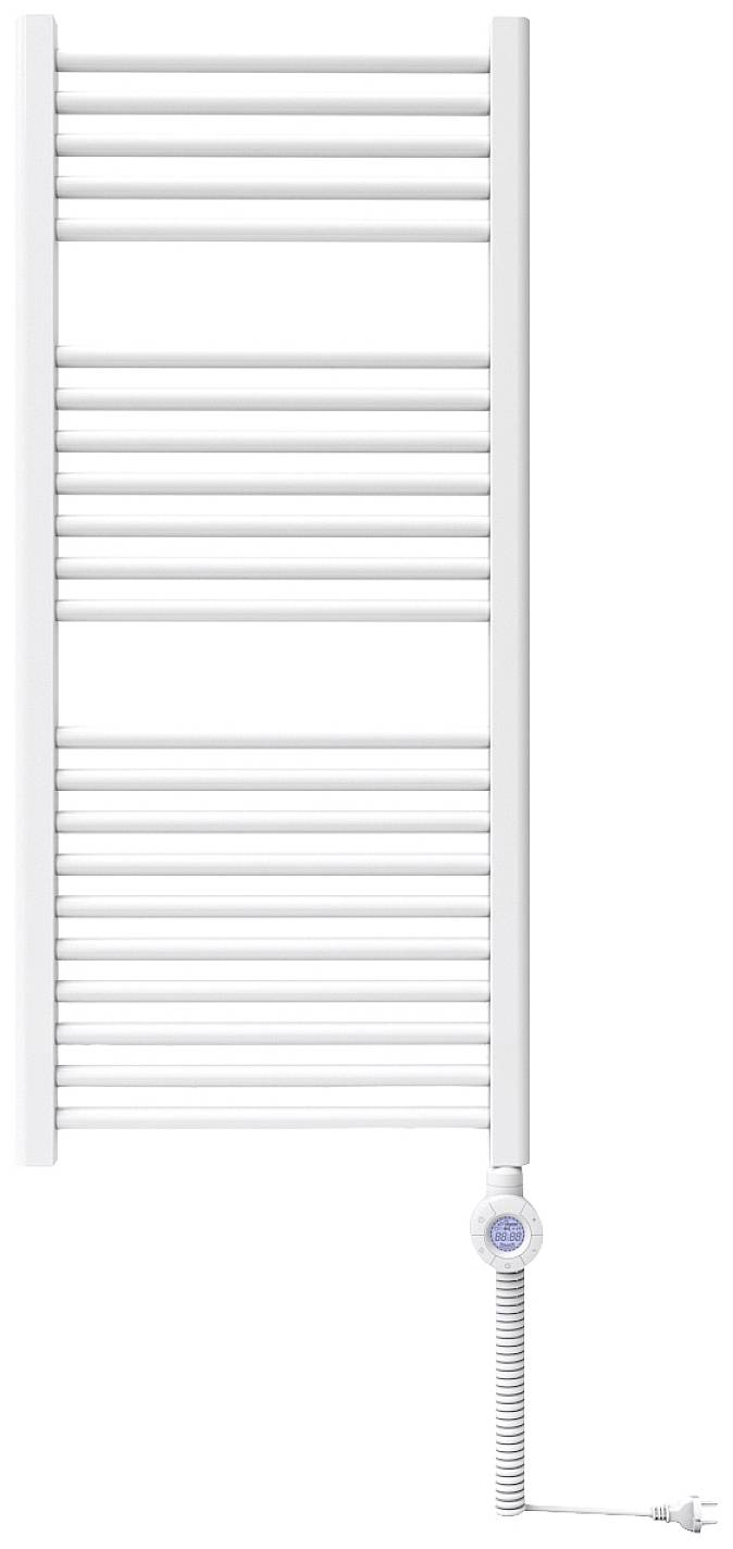 Weißes elektrisches Handtuchheizgerät mit vertikalen Röhren und einer Spiralkabelverbindung unten.