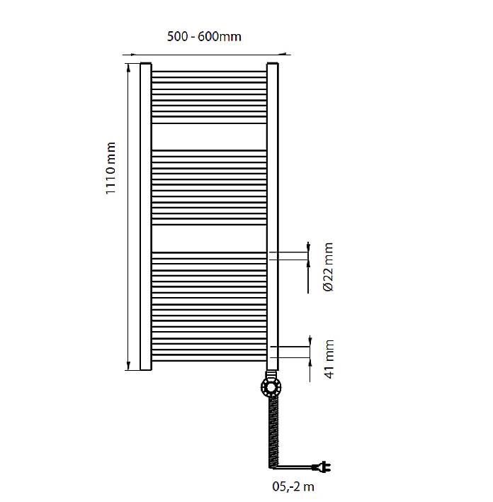 Heizkörper-Diagramm, zeigt Maße: Höhe 1110 mm, Breite 500-600 mm, Rohrdurchmesser 22 mm, Wandabstand 41 mm. Kabel 0,5-2 m.