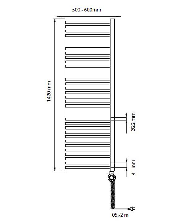 Schema eines rechteckigen Heizkörpers mit Abmessungen 1420 mm Höhe, 500-600 mm Breite, Rohrdurchmesser 22 mm. Seitenansicht.
