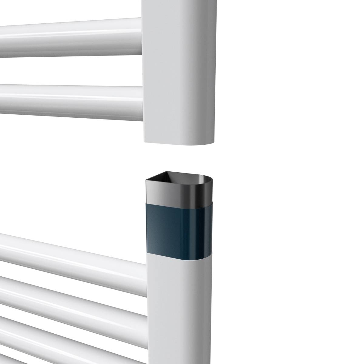 Ein Ausschnitt eines metallischen Handlauf- oder Rohrsystems mit dünnen, horizontalen Stäben und einer dunklen Ummantelung um einen vertikalen Abschnitt.