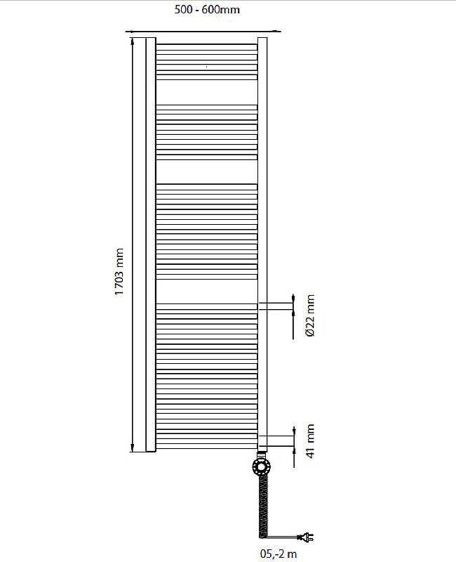 Schema eines vertikalen Heizkörpers mit Maßen: Höhe 1703 mm, Breite 500-600 mm, Rohrdurchmesser 22 mm. Anschluss unten bei 52 mm.
