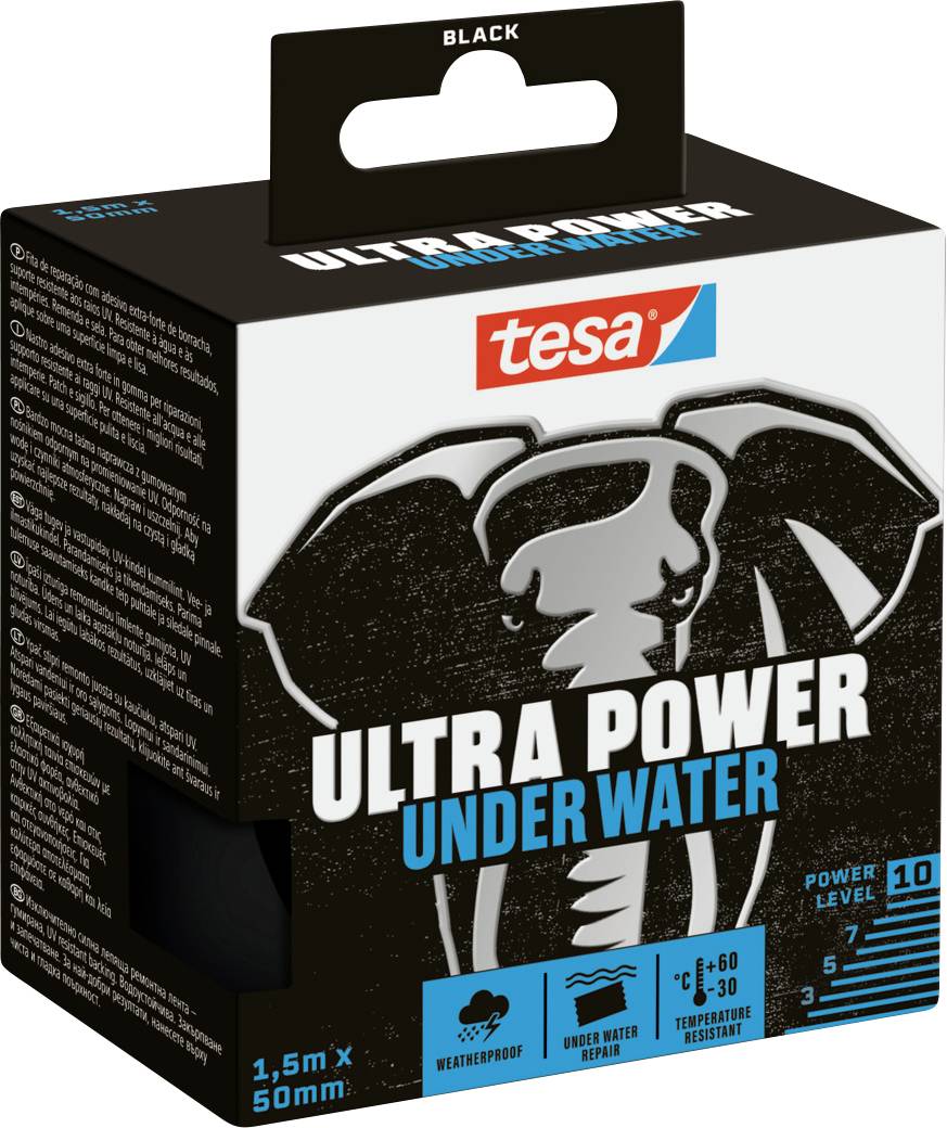 'Ultra Power Under Water' schwarze Bandverpackung mit einem stilisierten Elefantenlogo, hebt wasserdichte und temperaturbeständige Eigenschaften hervor.