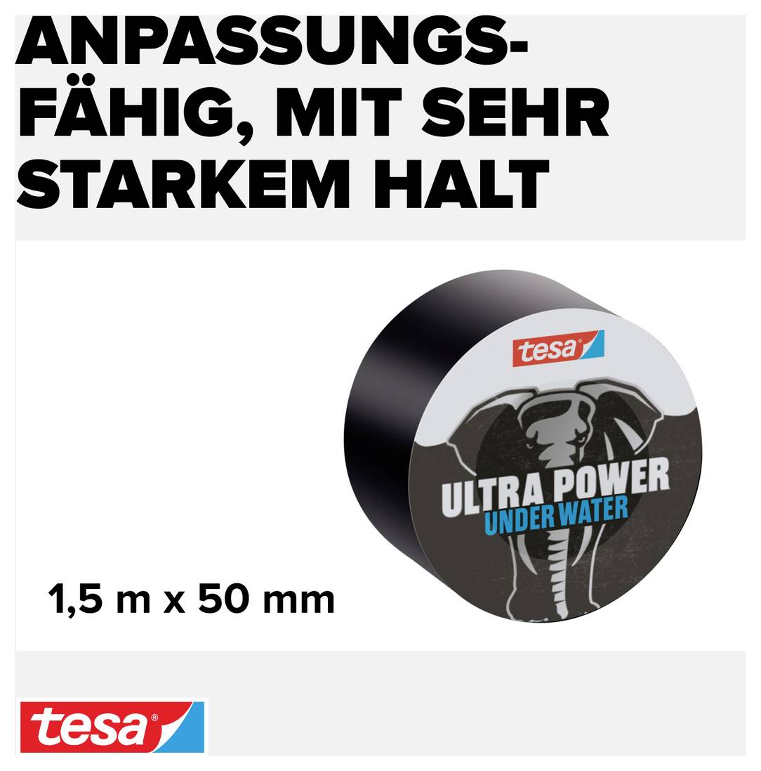 'Anpassungsfähig, mit sehr starkem Halt', Tesa Ultra Power Under Water Tape, 1,5 m x 50 mm, auf grauem Hintergrund.
