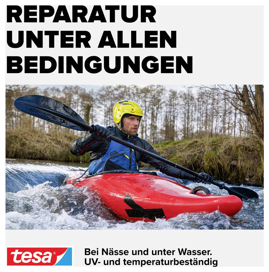 Ein Kajakfahrer mit Helm paddelt auf einem Fluss. Text oben: 'Reparatur unter allen Bedingungen'. Unten: 'Bei Nässe und unter Wasser. UV- und temperaturbeständig'.