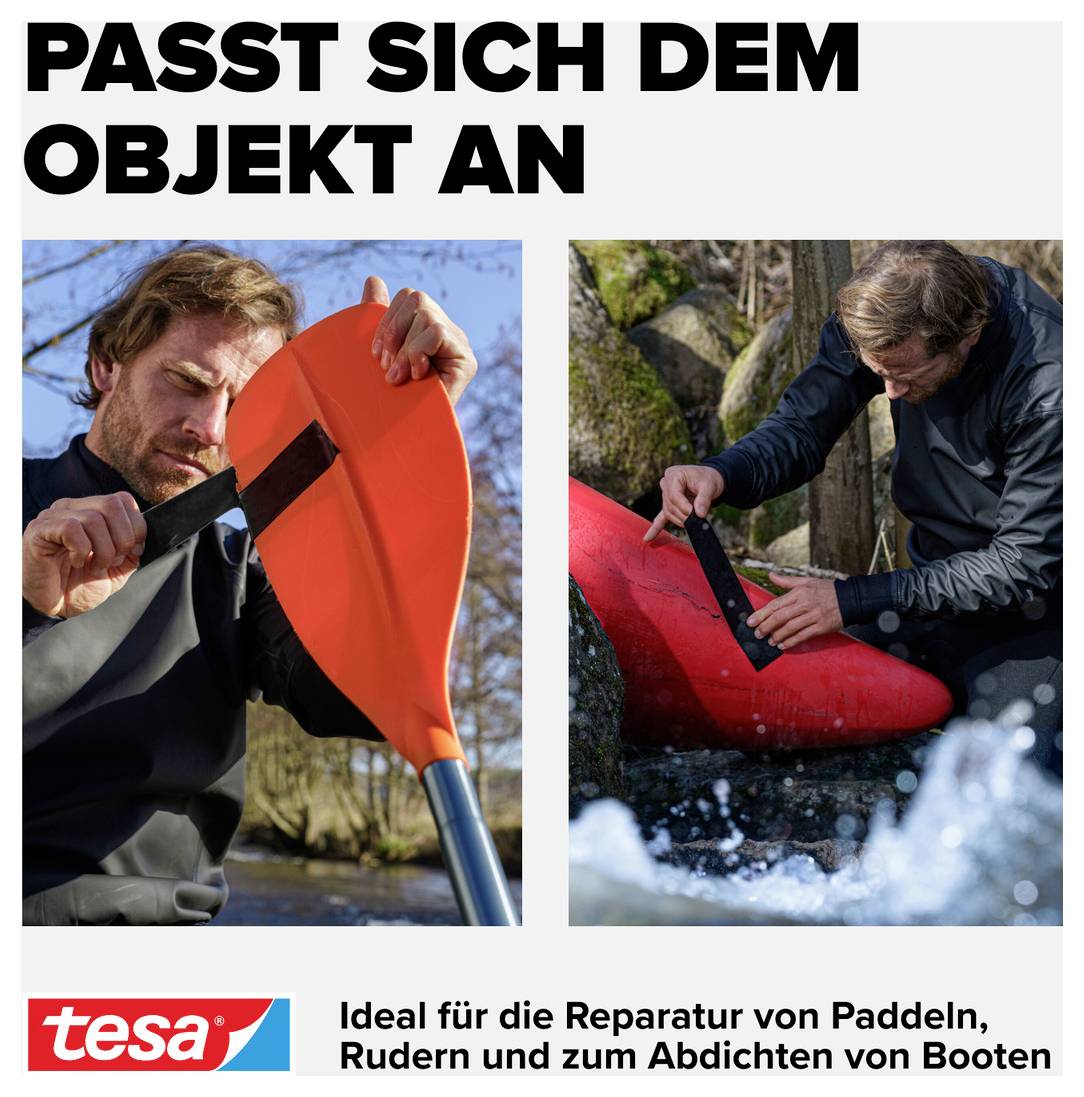 Mann repariert Paddel mit Klebeband, ein anderes Bild zeigt Bootreparatur. Text: 'Passt sich dem Objekt an'. Tesa-Logo unten.