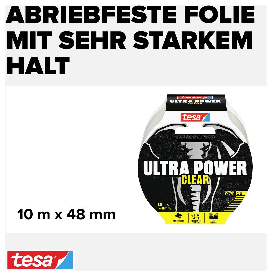 'Abreibfeste Folie mit sehr starkem Halt' steht oben. Darunter ist eine Rolle 'tesa Ultra Power Clear' Klebeband, 10 m x 48 mm.