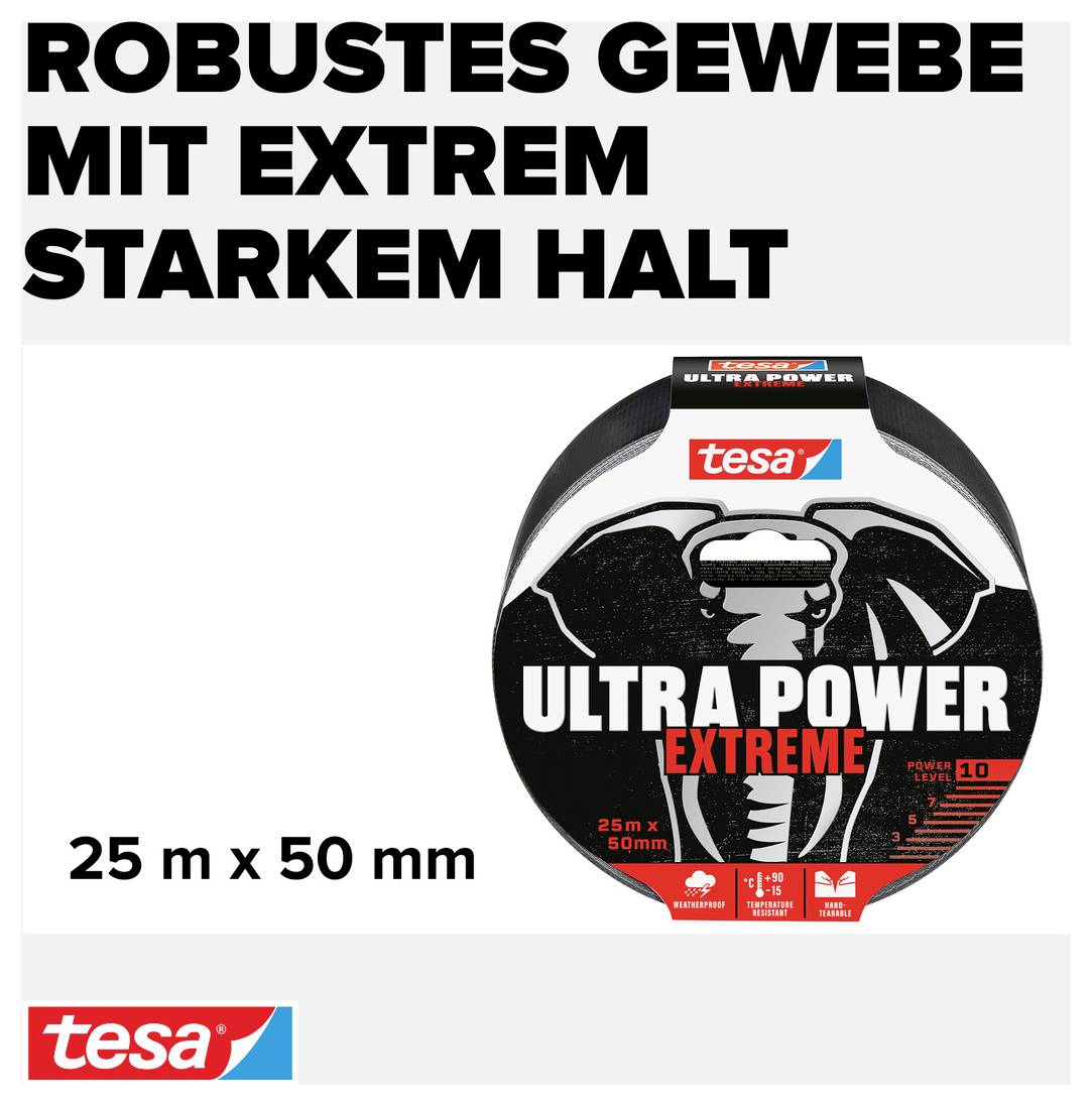 Robustes Gewebe mit extrem starkem Halt. Tesa Ultra Power Extreme Tape, 25 m x 50 mm.