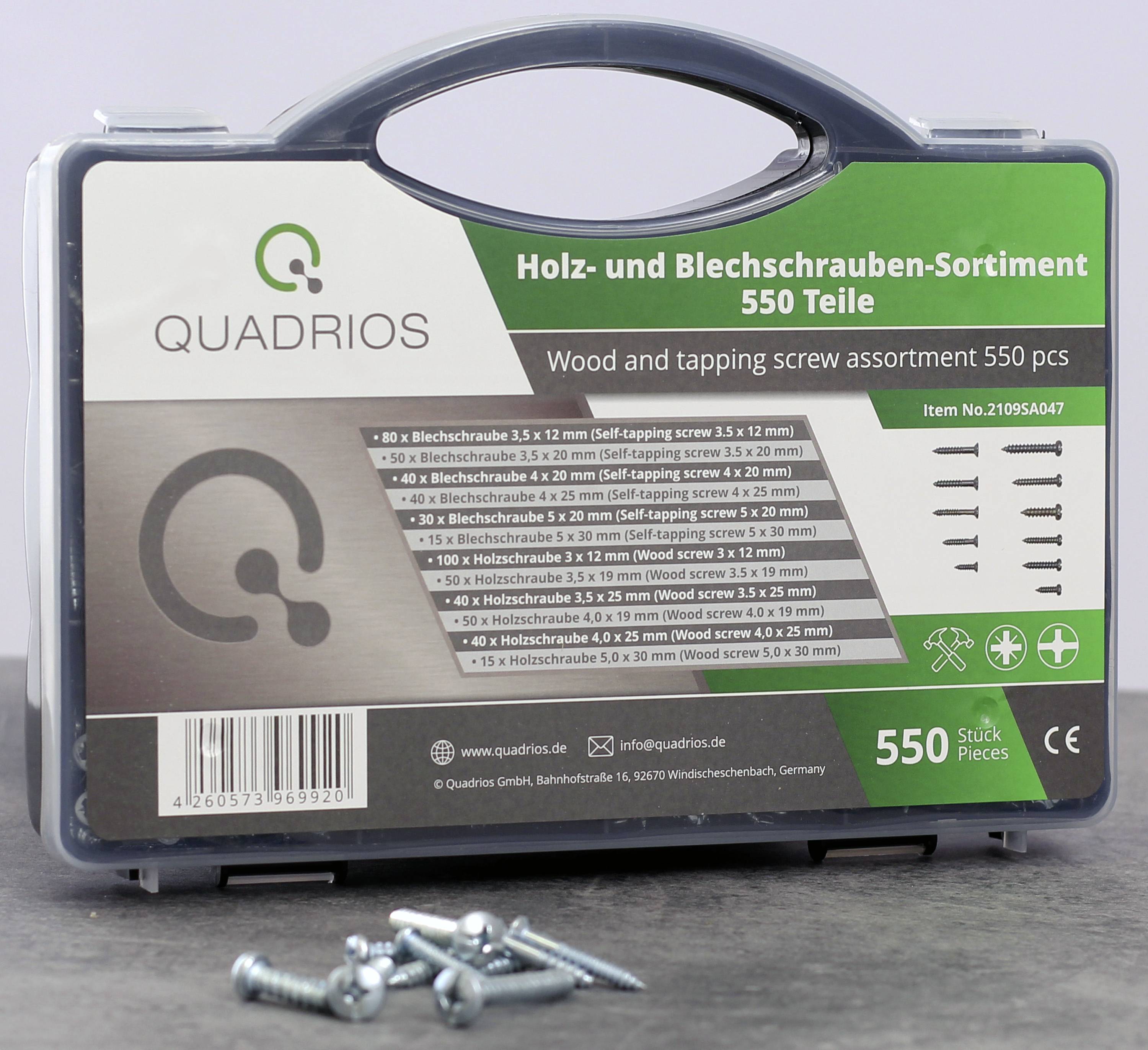 Plastikkoffer mit der Aufschrift 'Holz- und Blechschrauben-Sortiment 550 Teile'. Enthält verschiedene Schraubengrößen, Schrauben vorne.