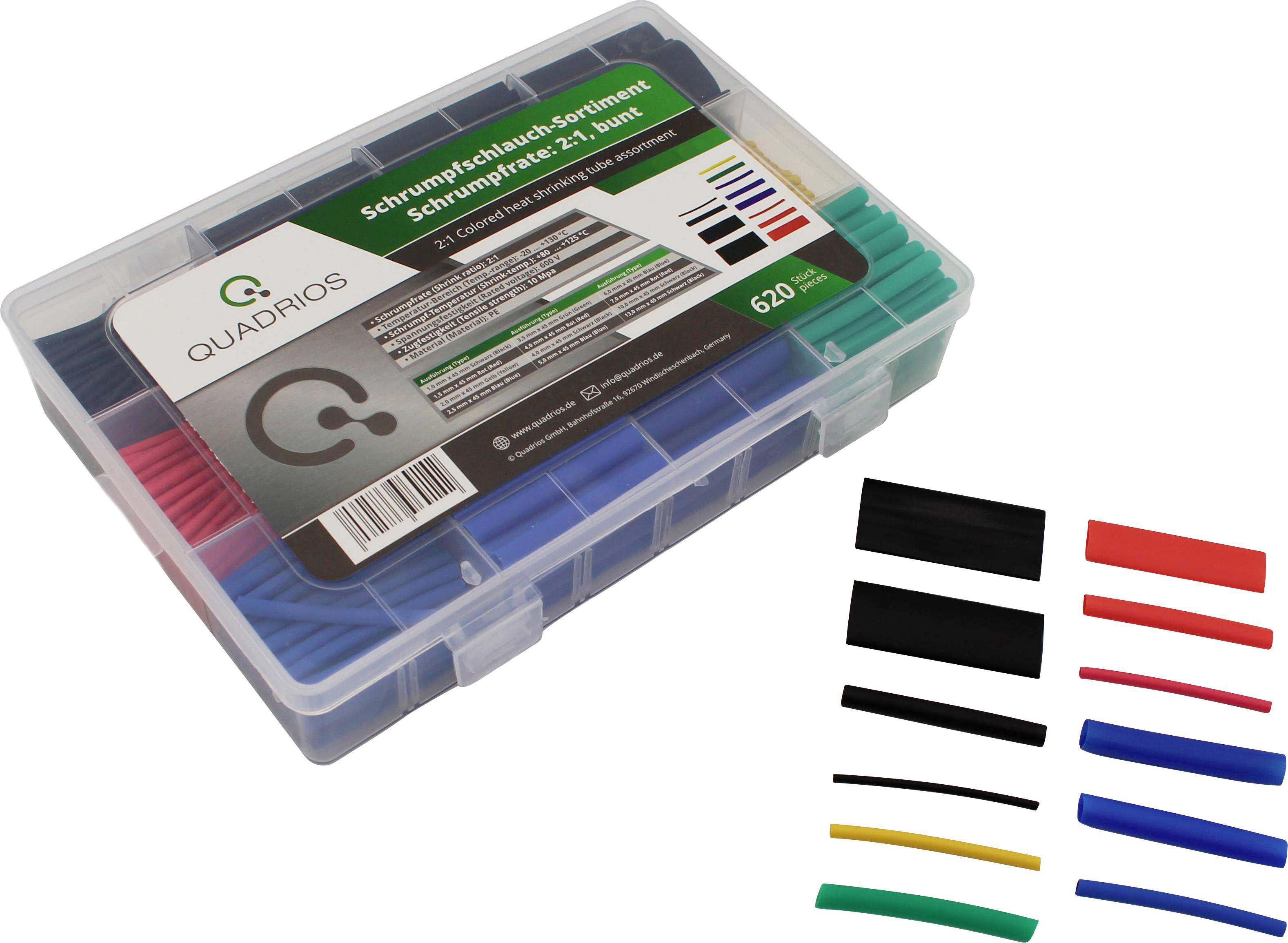 'Schrumpfschlauch-Sortiment' in Kunststoffbox mit verschiedenen farbigen Schrumpfschläuchen. 620 Stück in mehreren Größen für Isolationszwecke.
