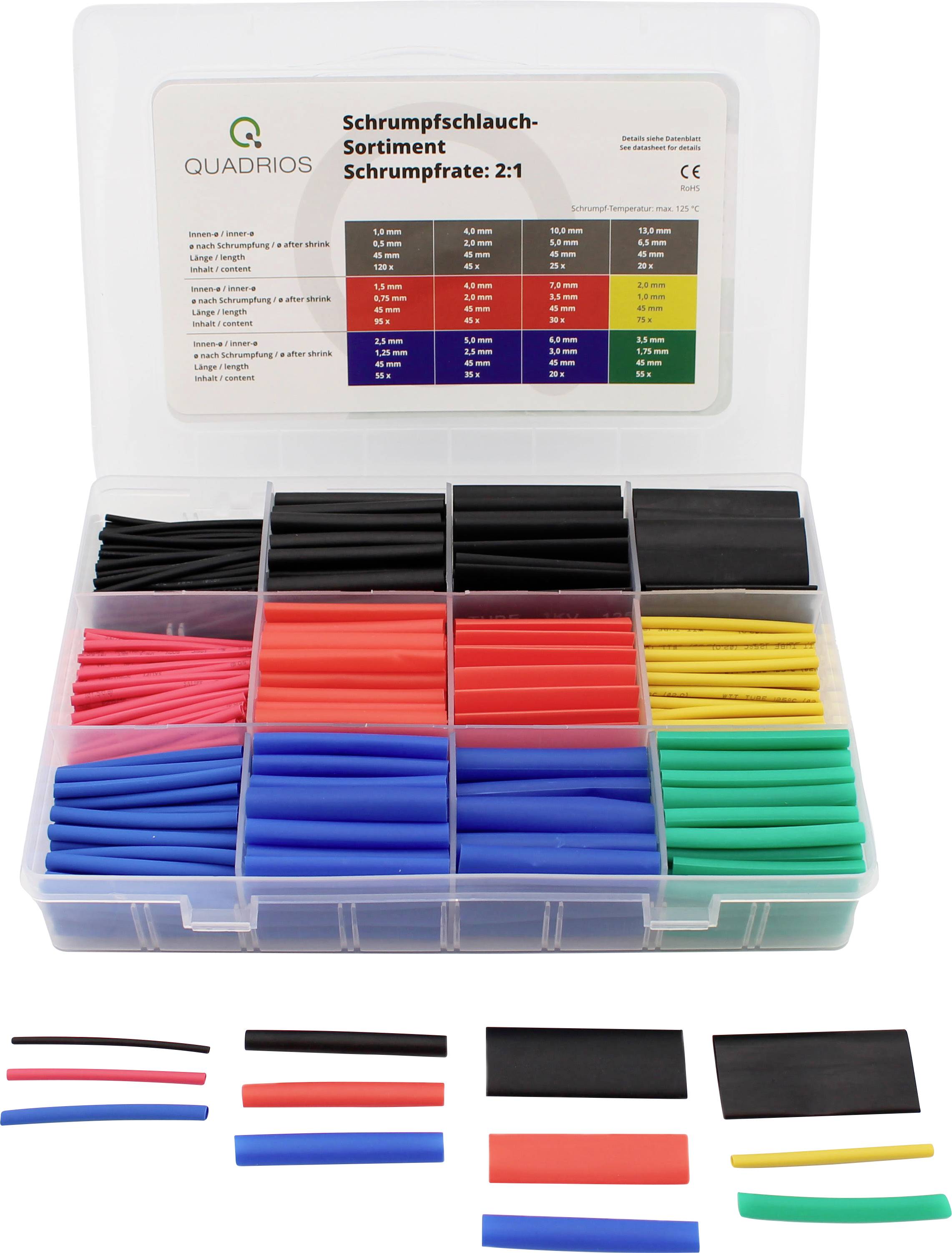 Kunststoffbox mit sortierten Schrumpfschläuchen in verschiedenen Farben und Größen, Schrumpfrate 2:1, Quadratische Aufteilung.