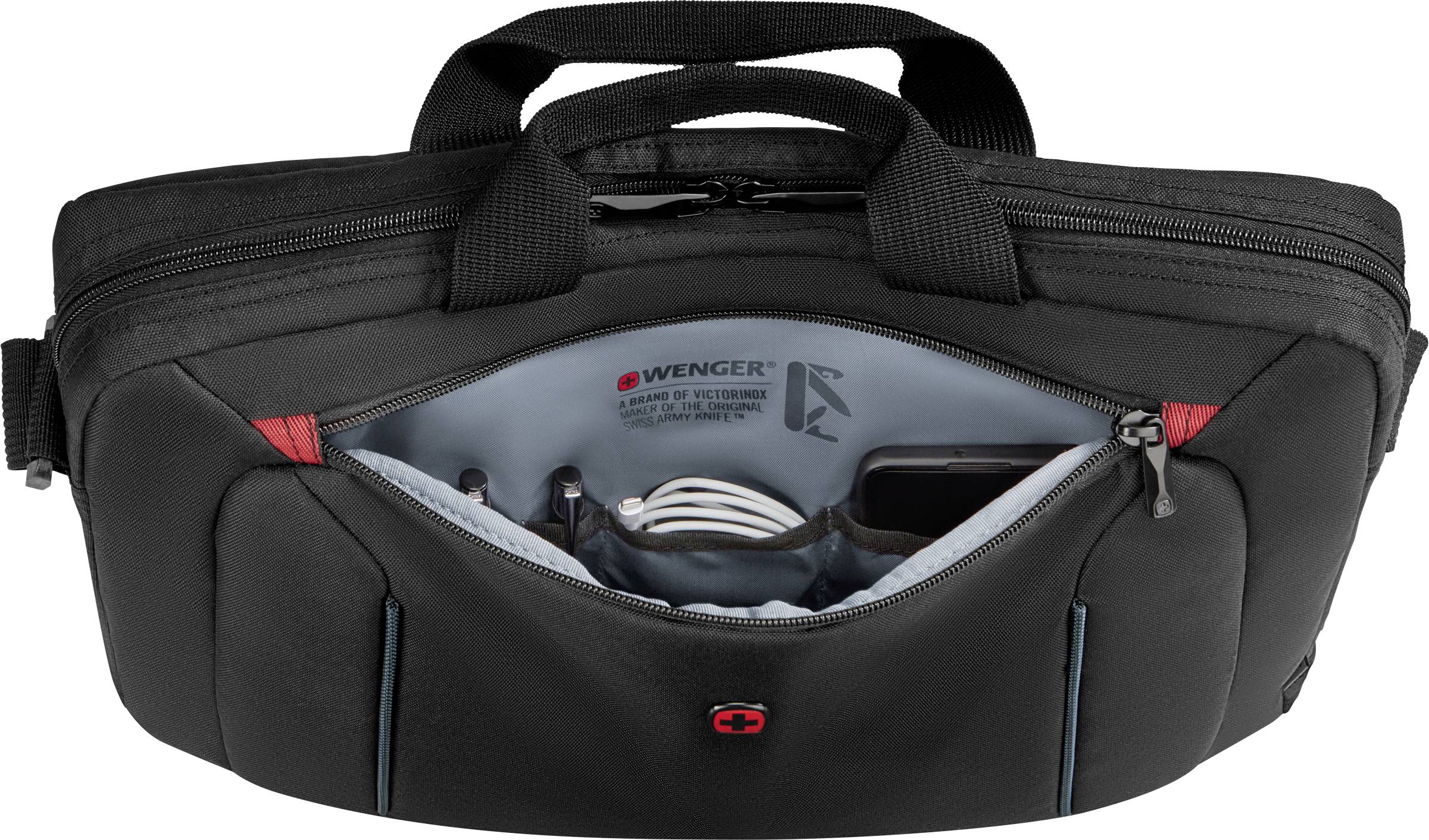 Schwarze Laptoptasche mit geöffnetem Vorderfach, zeigt geordnete Kabel, Stifte und ein Smartphone im Inneren.