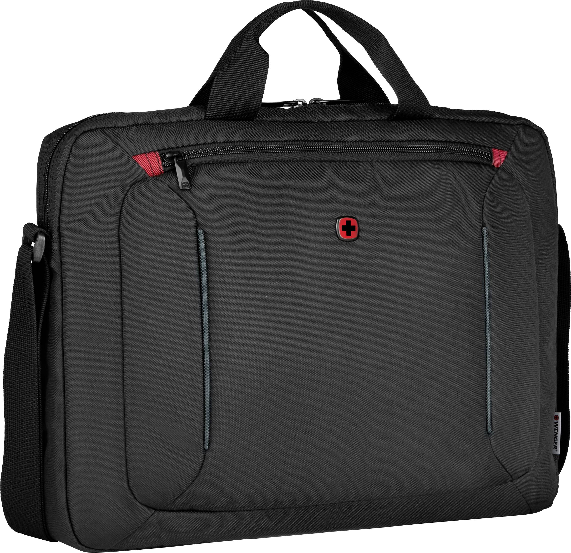 Schwarze Laptoptasche aus Stoff mit zwei Griffen, Reißverschlusstasche vorne, rot-schwarzes Logo. Geeignet für Business- oder Alltagsgebrauch.