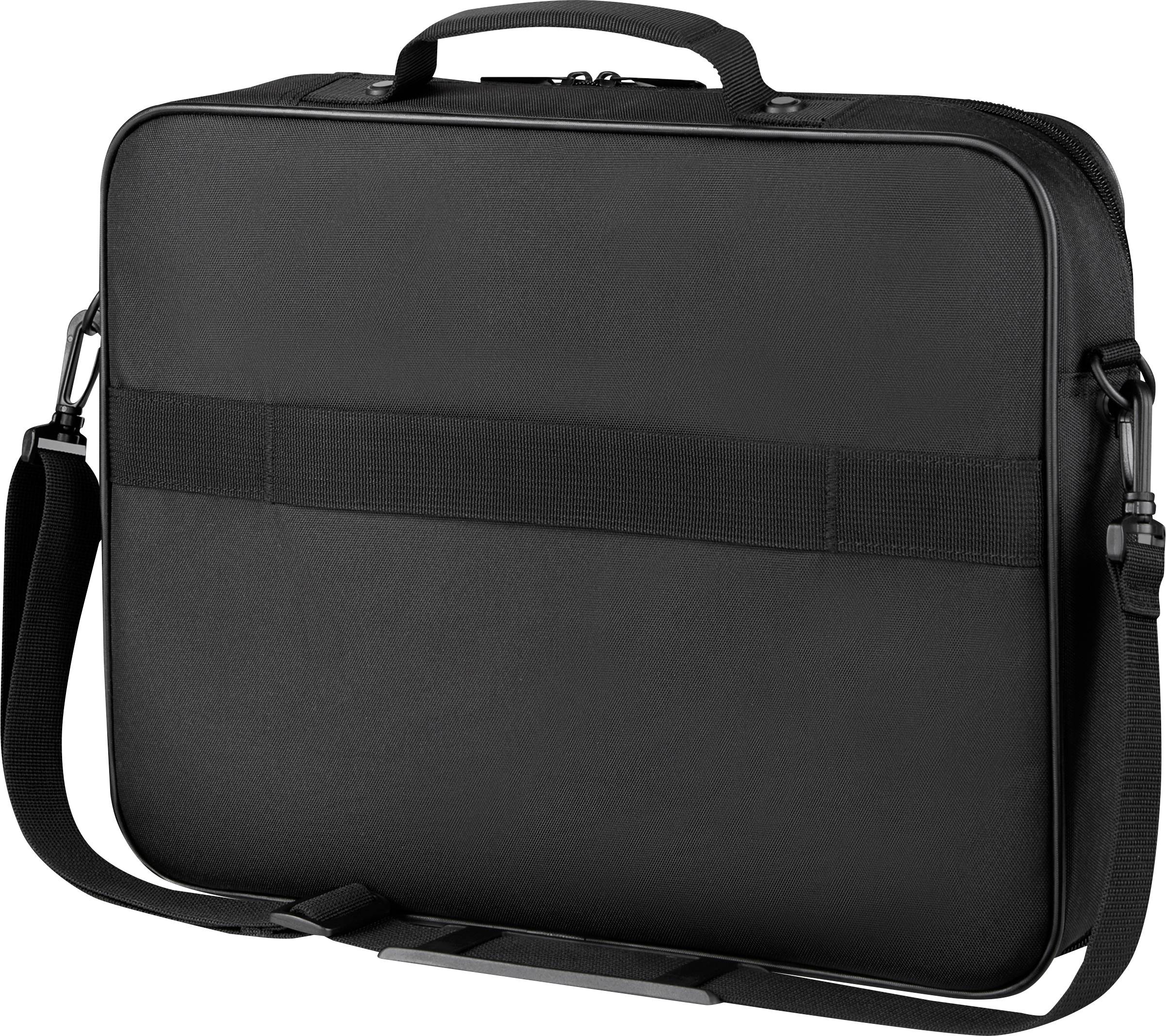 Schwarze Laptoptasche mit Griff und verstellbarem Schulterriemen, geeignet für den sicheren Transport von Geräten und Zubehör.