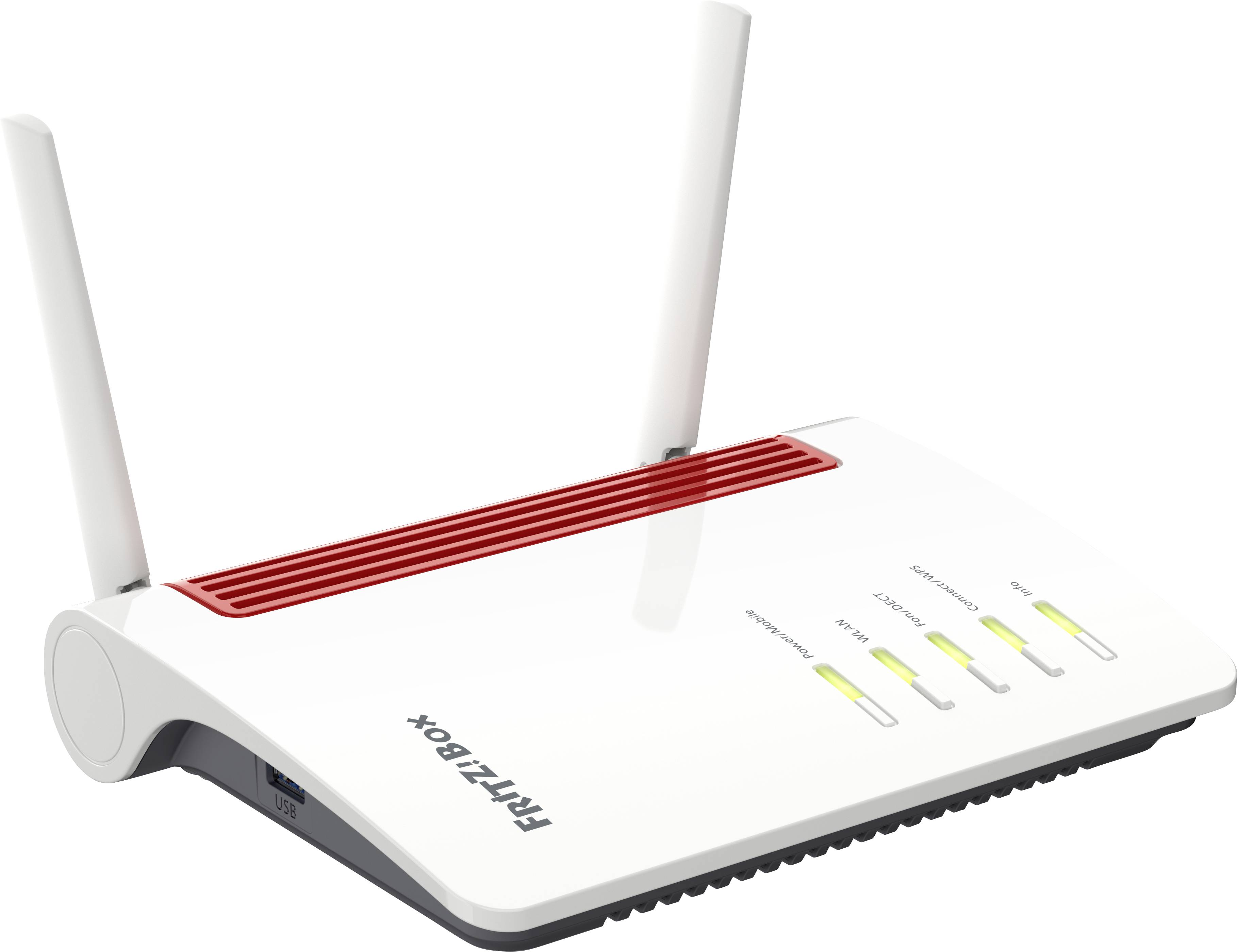 Ein weißer Router mit roten Akzenten und zwei Antennen. Lichter vorne zeigen verschiedene Statusanzeigen. Bezeichnet als FRITZ!Box.