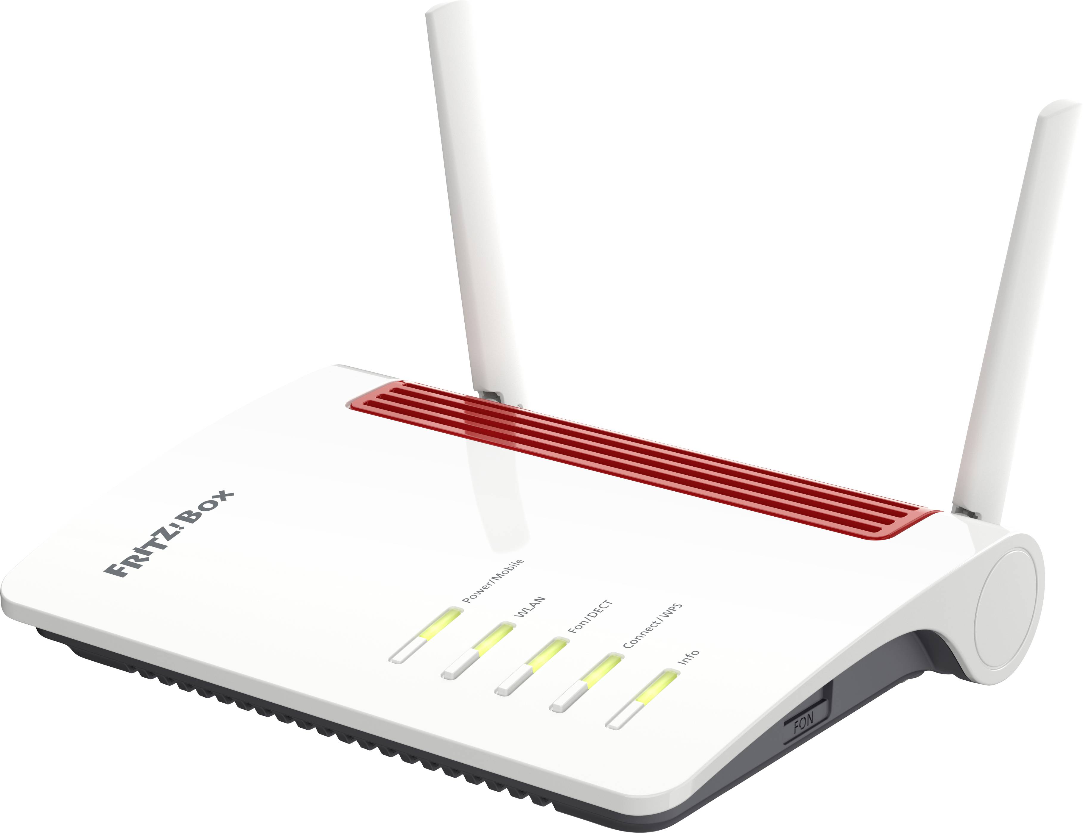 Ein weißer Router mit zwei Antennen, sechs LEDs auf der Vorderseite und roter Lüftung. Modell: 'FRITZ!Box'.