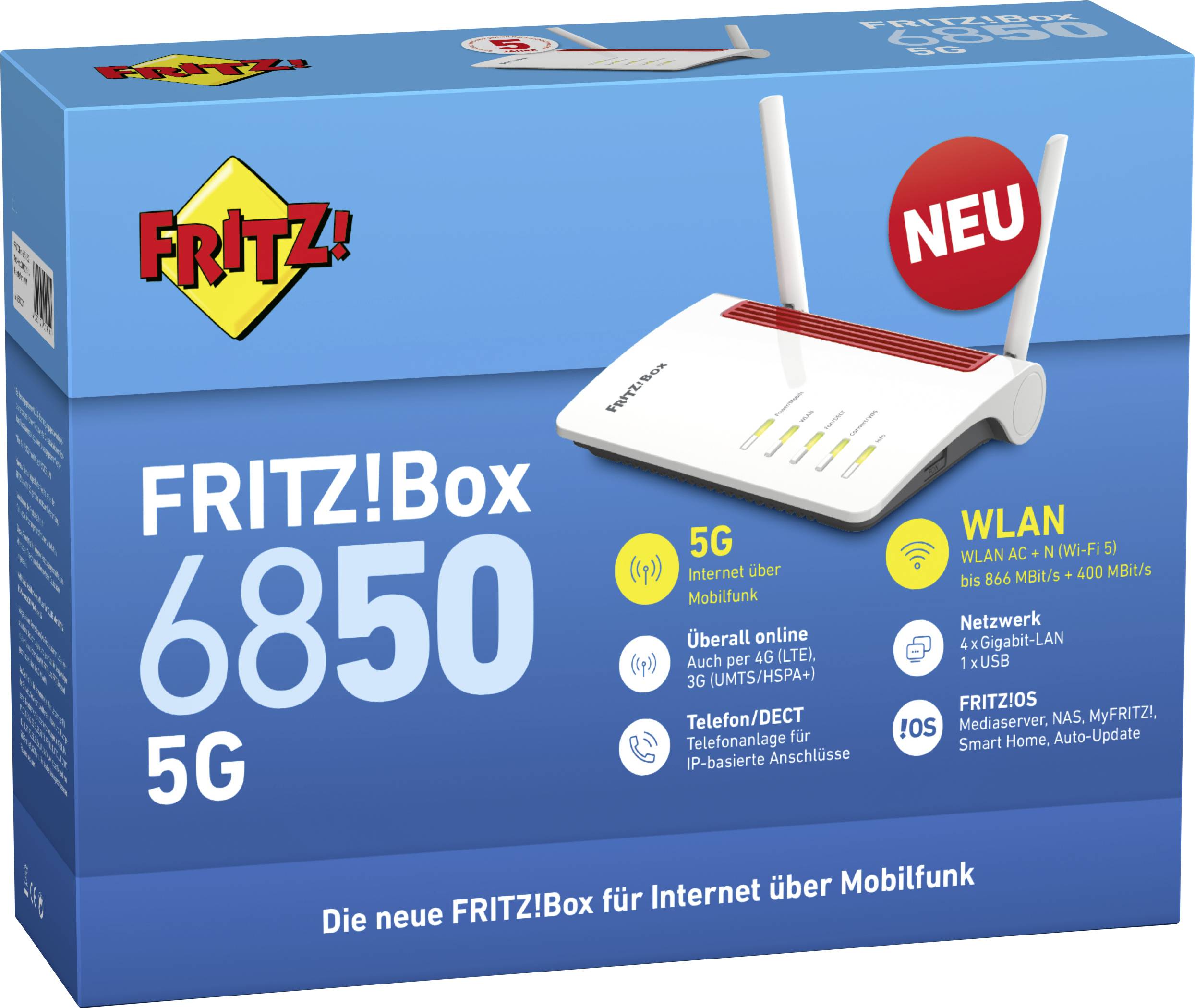 'FRITZ!Box 6850 5G'-Router auf blauer Verpackung. Hervorhebungen für 5G, WLAN, Telefonfunktionen und Anschlüsse. 'NEU' in rotem Kreis.