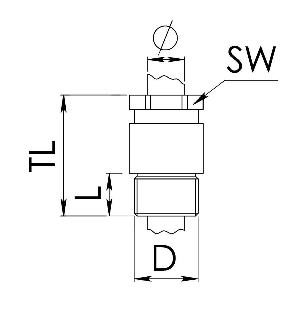 Technische Zeichnung eines zylindrischen Bauteils mit Maßen: Durchmesser (D), Gewindelänge (TL), Schlüsselweite (SW).