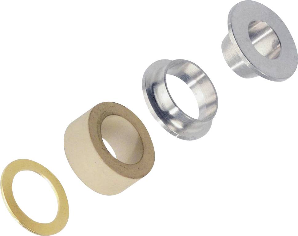Vier metallische und keramische Komponenten in einer Reihe: eine goldene Scheibe, ein zylindrisches Keramikstück, gefolgt von zwei silbernen Metallringen.