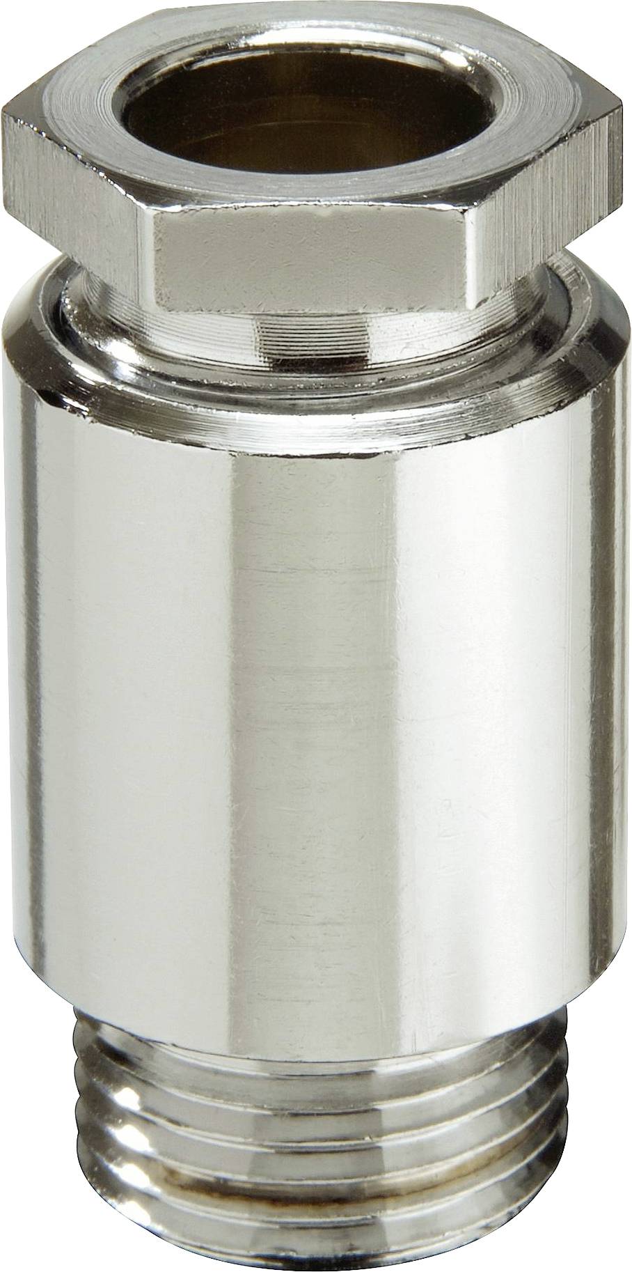 Ein verchromter Metallanschluss mit zylindrischer Form und Schraubgewinden an beiden Enden, vermutlich für Sanitärinstallationen.