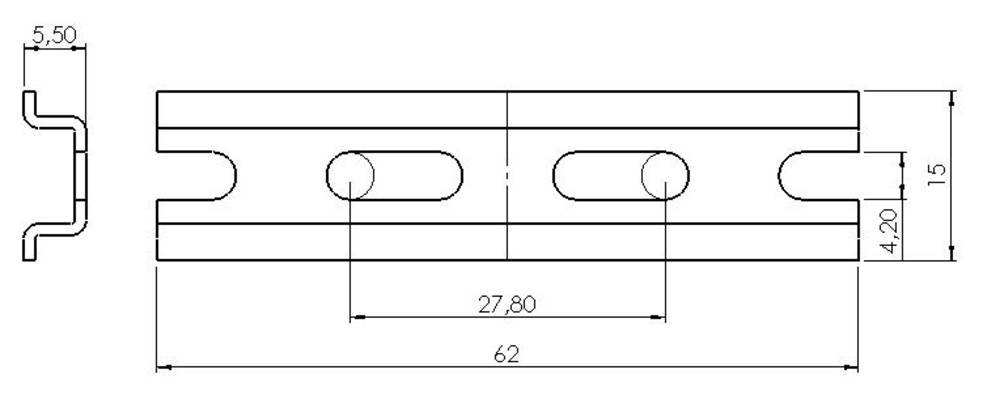 Technische Zeichnung eines Bauteils mit Maßen: Länge 62, Höhe 15, Breite 5,50. Zwei ovale Schlitze mittig, Maße 27,80 und 4,20.