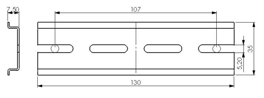 Technische Zeichnung eines Metallprofils mit den Maßen 130 mm Länge, 35 mm Breite und 7,50 mm Höhe. Enthält 107 mm lange Aussparungen.