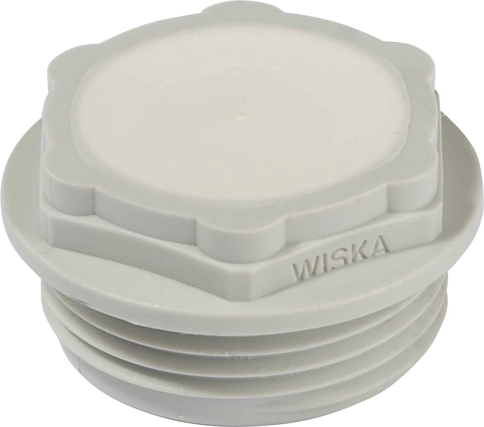 Graue Kunststoff-Schraubkappe mit Aufschrift 'WISKA', zylindrisch, mit geripptem Gewinde und sechseckigem Griffprofil.
