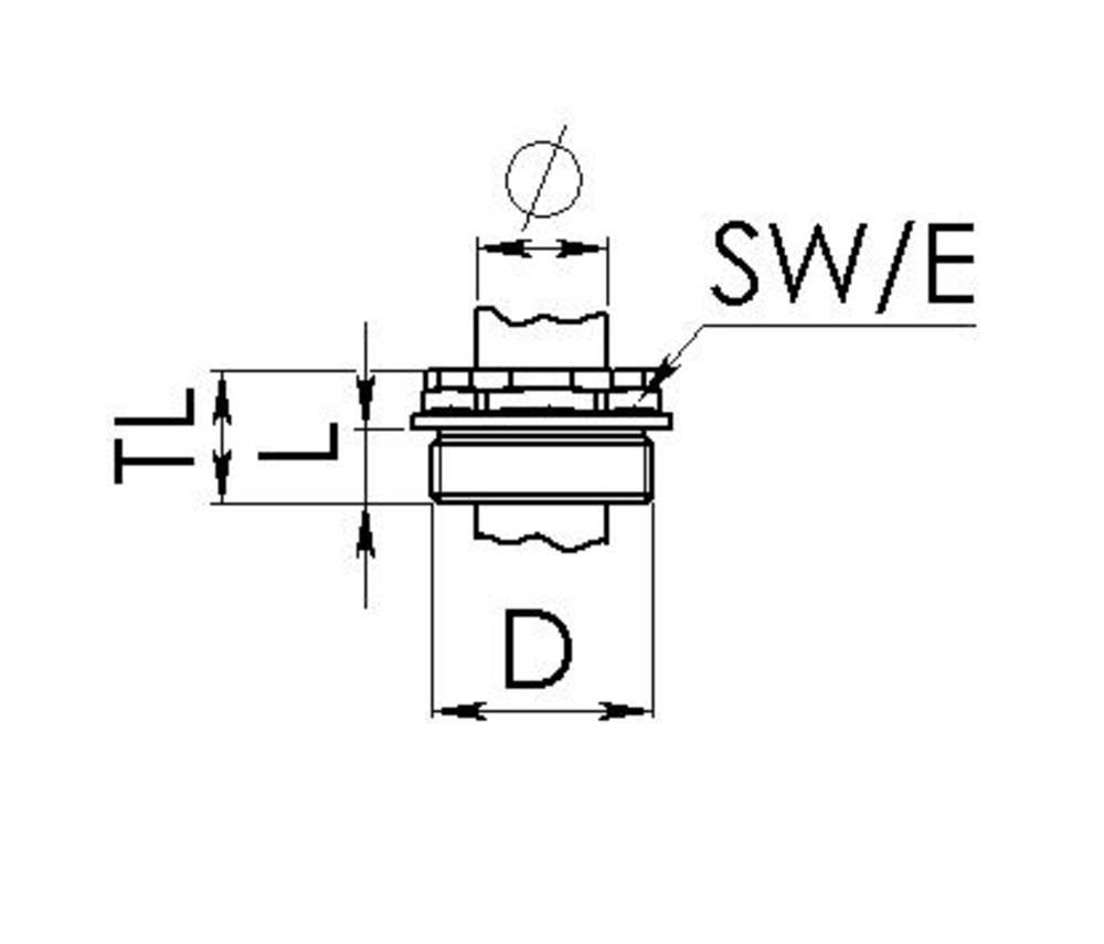 Technische Zeichnung eines Bolzens mit Maßen: 'TL', 'SW/E', 'D'. Zeigt Seitenansicht mit Gewinden und Durchmessern.