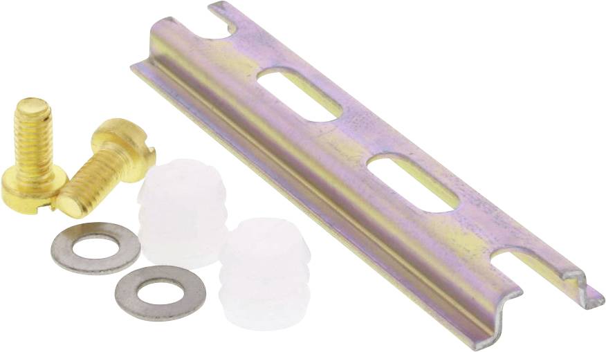 Metallformteil mit mehreren Löchern, zwei goldene Schrauben, zwei Unterlegscheiben und drei weiße Kunststoffteile.