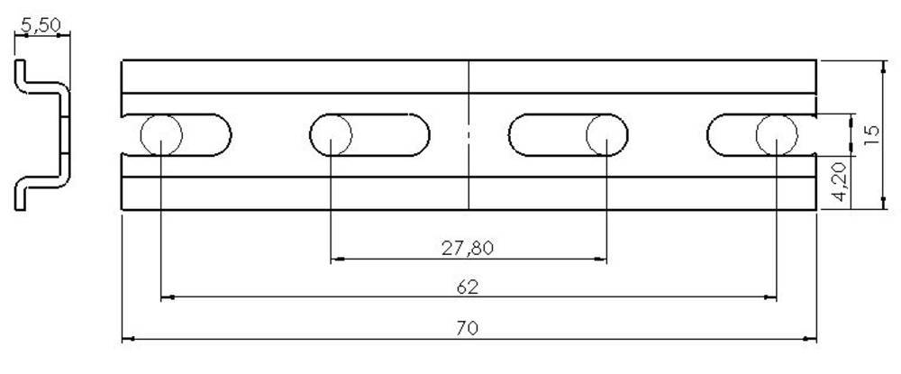 Technische Zeichnung eines Metallprofils mit Abmessungen: Länge 70 mm, Breite 27,80 mm, Höhe 15 mm. Seitenansicht zeigt Einbettungspunkte.