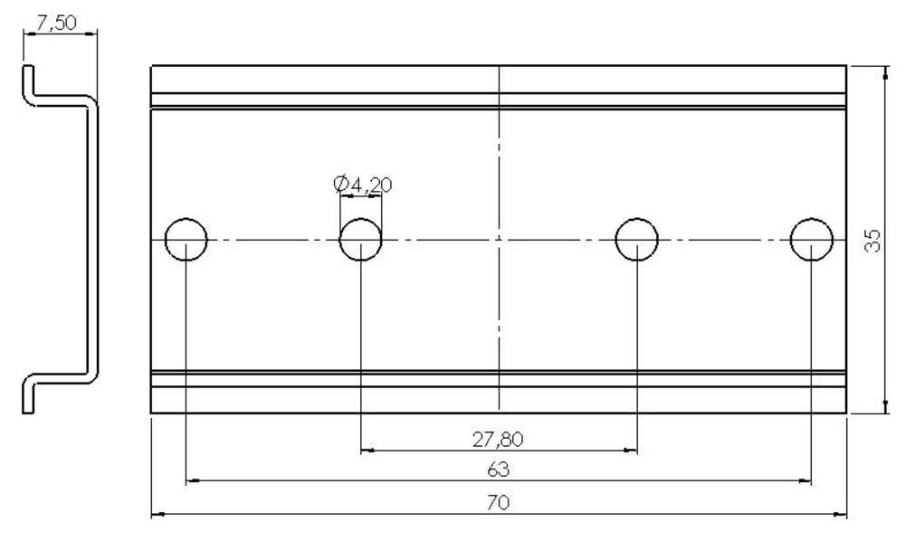 Technische Zeichnung eines rechteckigen Metallteils mit drei Löchern. Maße: 70x35 mm, Löcher mit 4,20 mm Durchmesser, Abstände markiert.