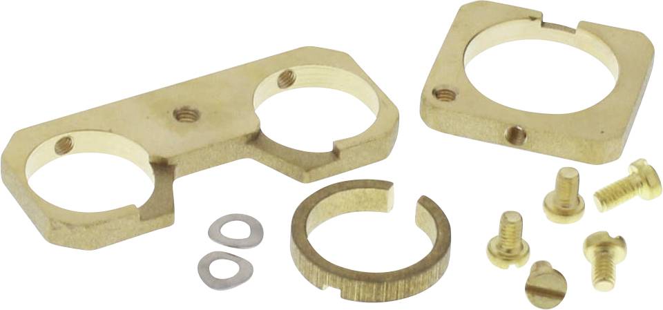 Messingteil-Kit mit zwei geformten Platten, Schrauben und Unterlegscheiben. Mögliche Verwendung in mechanischen Anwendungen.