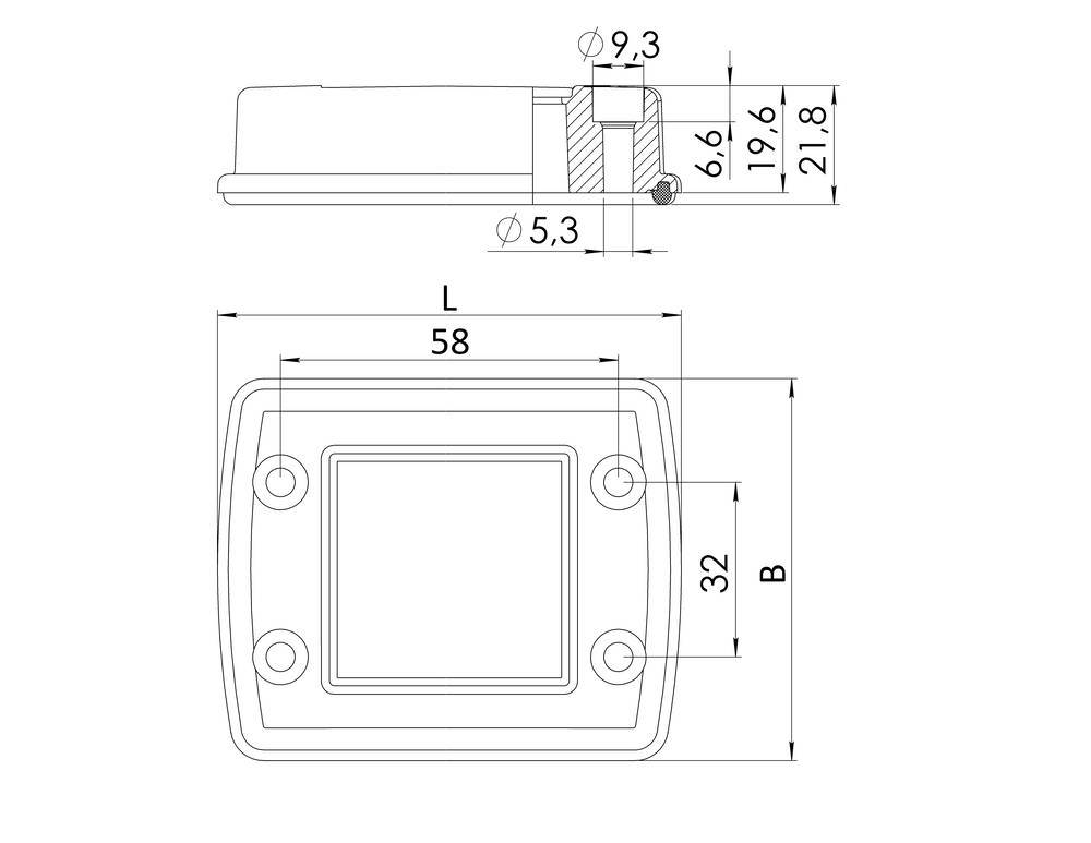 Technische Zeichnung eines rechteckigen Bauteils mit Abmessungen: Länge 58 mm, Breite 'B', Höhe 21,8 mm, Montagepunkte markiert.