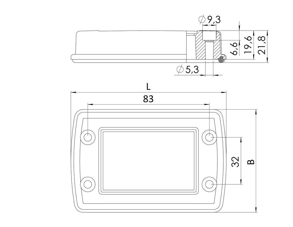 Technische Zeichnung eines rechteckigen Gehäuses mit Maßen: Länge 83 mm, Breite 32 mm, Höhe 21,8 mm. Seiten- und Draufsicht gezeigt.