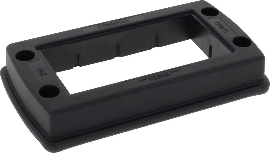Schwarze Kunststoffhalterung mit rechteckigem Ausschnitt und vier Schraublöchern, beschriftet mit 'COMMAX' und Modellnummer.