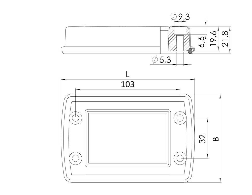 Technische Zeichnung eines rechteckigen Bauteils mit Maßen: L = 103 mm, B = 32 mm. Zwei Ansichten: von oben und der Seite.