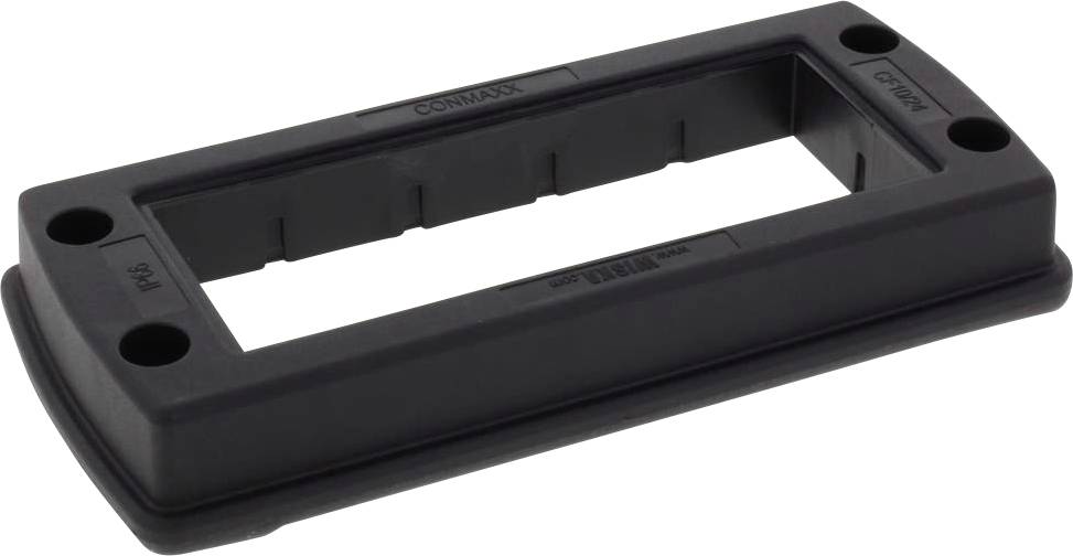 Rechteckige schwarze Kunststoffhalterung mit abgerundeten Ecken und vier Schraubenlöchern, zur Befestigung eines Geräts.