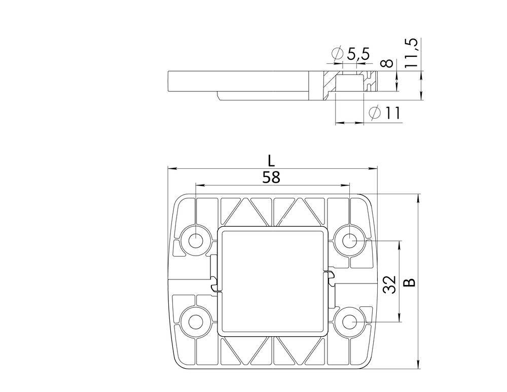 Technische Zeichnung eines Bauteils mit Abmessungen: Länge 58 mm, Breite 32 mm, Dicke 11,5 mm. Seitenansicht und Vorderansicht dargestellt.
