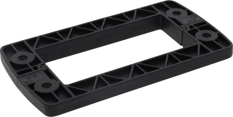 Rechteckiger schwarzer Kunststoffrahmen mit einem großen rechteckigen Innenausschnitt und verstärkten Ecken.