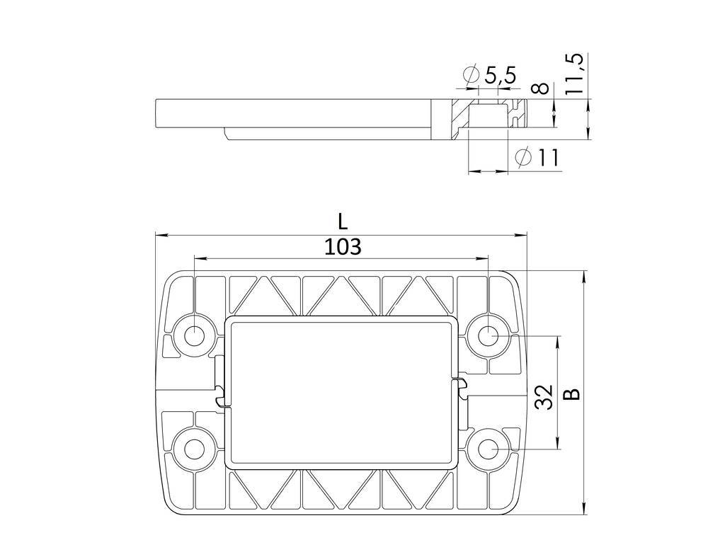Technische Zeichnung einer rechteckigen Metallplatte mit Spezifikationen: Länge 103 mm, Breite 32 mm, Höhe 11 mm. Enthält Bohrungsmaße.