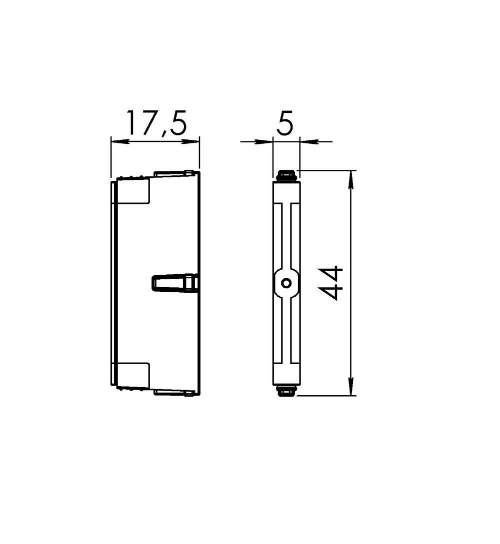 Technische Zeichnung eines rechteckigen Gehäuses mit den Maßen 17,5 mm Breite, 5 mm Tiefe und 44 mm Höhe.