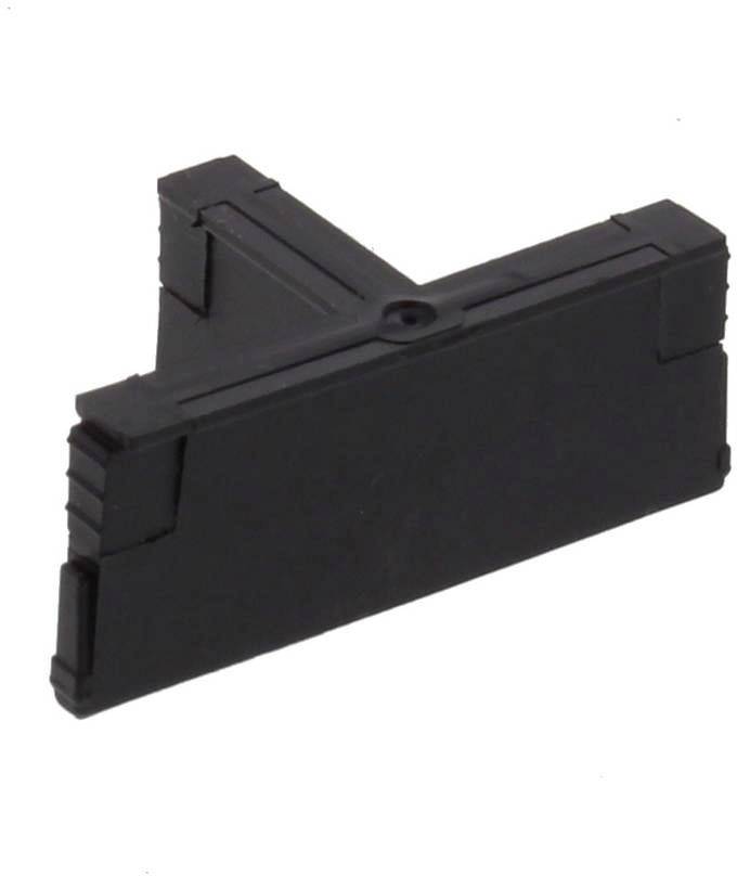 Schwarzes, rechteckiges Kunststoffteil mit erhabenen Kanten. Es sieht aus wie ein Verbindungselement oder eine Halterung.