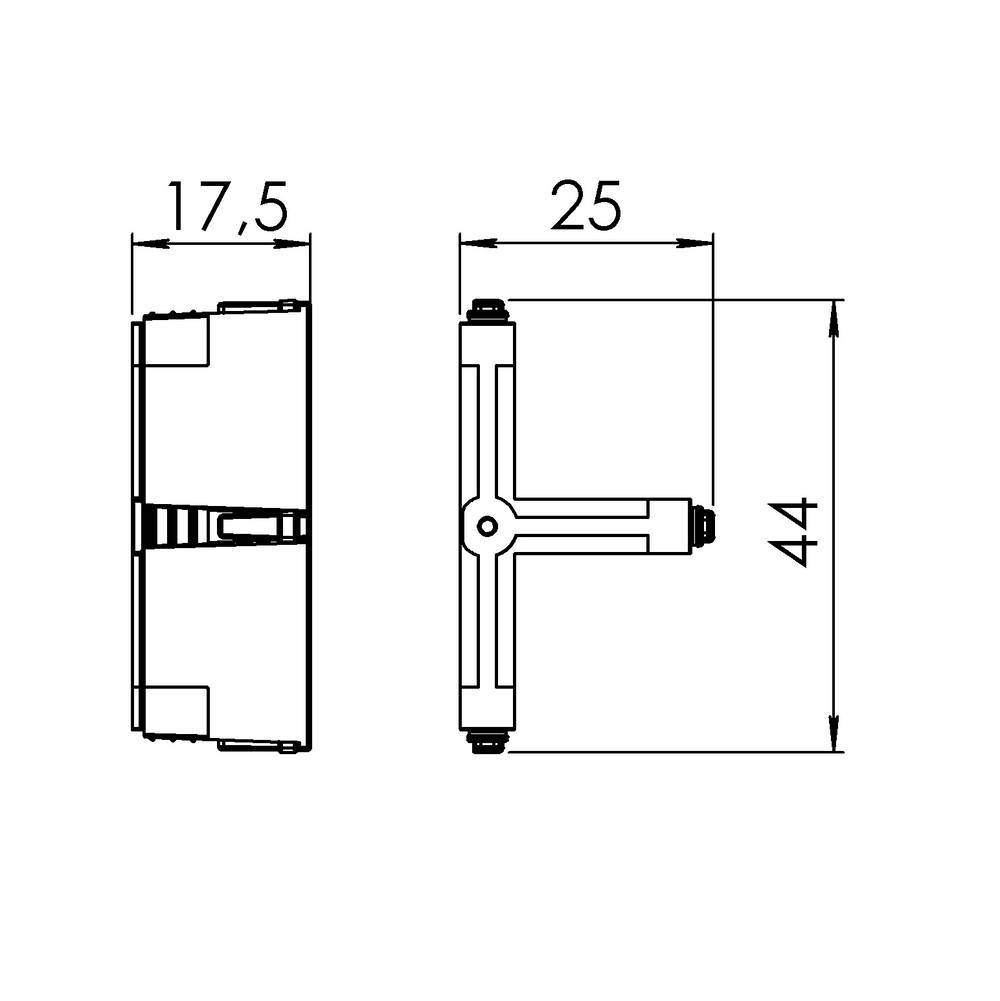 Technische Zeichnung eines T-förmigen Verbinders mit Maßen: 17,5 x 25 x 44 mm. Zeigt Vorder- und Seitenansicht.